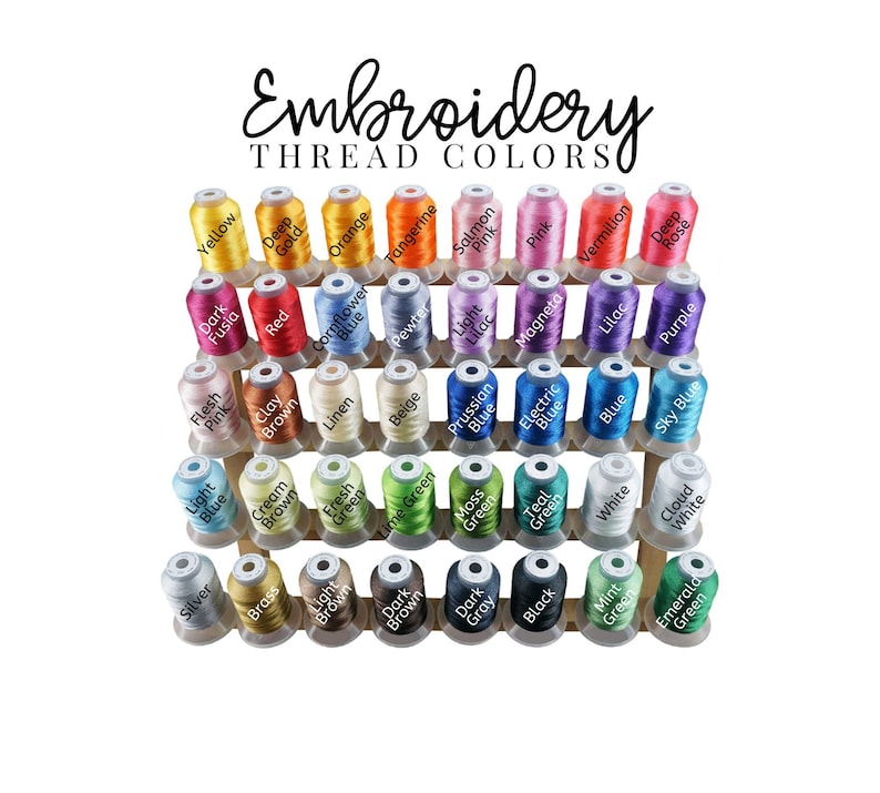 May include: A wooden rack with spools of embroidery thread in various colors, including yellow, orange, red, pink, blue, green, brown, gray, black, and white. The rack is labeled "Embroidery Thread Colors".