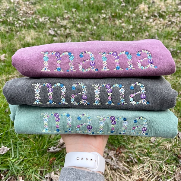 Made to Order Comfort Colors Floral Embroidered mama short sleeve t tee shirts, gift for mom, mothers day, grandma, wife