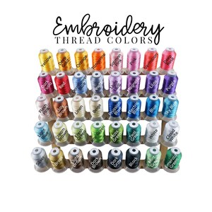 May include: A wooden rack displaying spools of embroidery thread in a variety of colours. The colours include yellow, orange, red, pink, purple, blue, green, brown, black, white, and silver. The rack is labelled "Embroidery Thread Colors".
