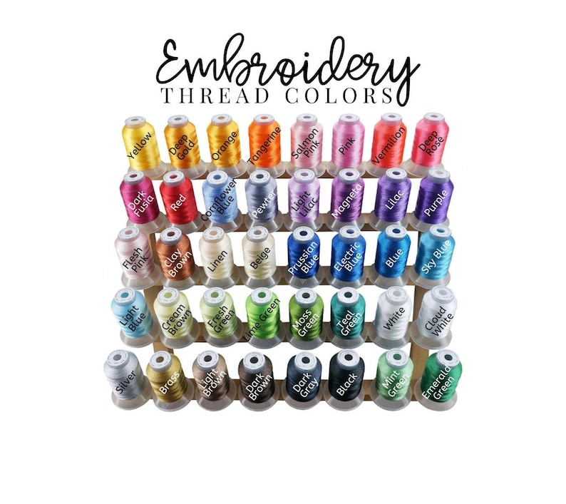May include: A wooden rack displaying spools of embroidery thread in a variety of colours. The colours include yellow, orange, red, pink, purple, blue, green, brown, black, white, and silver. The rack is labelled "Embroidery Thread Colors".