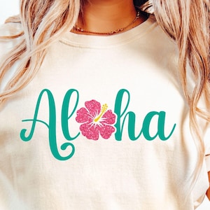Aloha PNG, Sublimation Design, Aloha Shirt Png, Glitter Hibiscus Png, Summer Png, Hawaii Png, Tropical, Beach, Vacation Png, Girls Trip Png