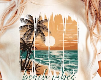 Retro Beach Vibes PNG: Projekt zachodu słońca z palmą (pobranie cyfrowe)