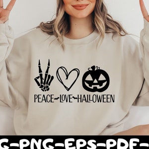 Peace Love Halloween SVG, Camicia Halloween Svg, Zucca Svg, Scheletro Mano Svg, Divertente Halloween Svg, Bambini Halloween Svg, Halloween Svg