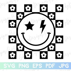 チェック柄の花柄の笑顔の顔 SVG、稲妻の笑顔の顔 SVG、花の笑顔の顔 SVG、チェック柄のデイジーの顔 SVG、デイジーの顔 SVG、笑顔の顔 SVG