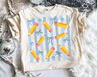 Striped Back to School Pencil Bow PNG, Teacher Png, Back to School Shirt Png, Coquette Teacher Pencil Bow Png, First Day Of School Png