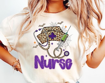 Spooky Nurse Leopard PNG, Preppy Halloween Nurse Png, Nurse Halloween Png, Nurse Halloween Shirt Png, Nurse Fall Png, Stethoscope Nurse Png