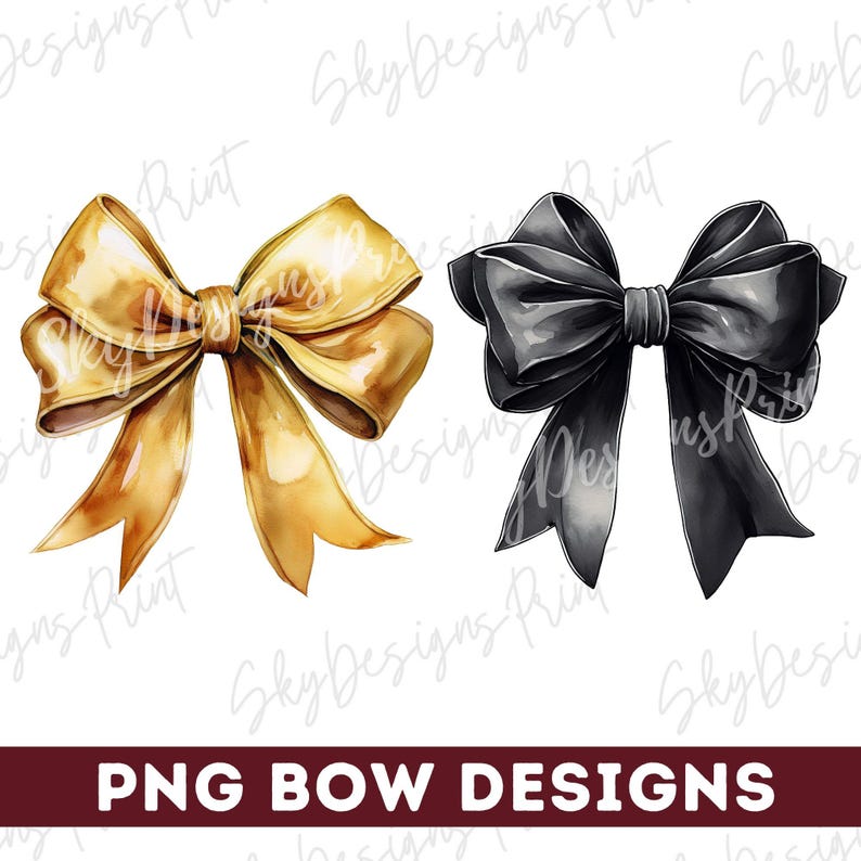 May include: Two watercolor bow designs, one gold and one black. The bows are tied with a simple knot and have a classic, elegant look.