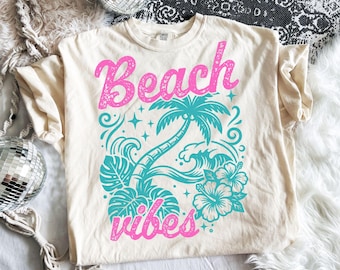 Beach Vibes SVG PNG, Tropical Flowers Ocean Waves Summer T-Shirt Design, Summer Svg, Beach Png, Summer Vacation Shirt (Digital Download)