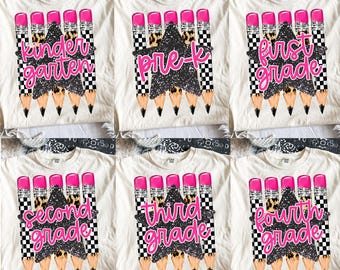 Preppy Back to School Pencil PNG Bundle, Checkered Leopard Teacher Design, Pre-K to Fourth Grade Png, First Day Of School (Digital Download)