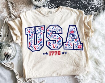 Floral USA Flag PNG: 4th of July T-Shirt Design (Digital Download)