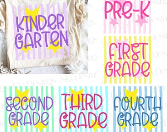 Preppy Back To School Striped Stars PNG SVG Bundle, School Grade Level Svg, Pre-K to 4th Grade Design, Teacher Svg, First Day Of School Svg