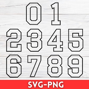 Esportes, modelos de números de camisa SVG PNG, números de esporte SVG, fonte Varsity Svg, contorno de bloco em negrito, números png, arquivo de fonte não instalável
