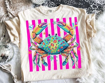 Striped Coastal Crab SVG PNG, Preppy Leopard Crab Png, Beach Vacation Graphic, Coastal Crab Shirt Design, Girly Summer Crab Png Svg