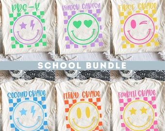 Checkered Back To School Smile SVG PNG Bundle, First Day Of School Svg, Kindergarten, Pre-k First Second Grade Png, Grade Level Bundle Png