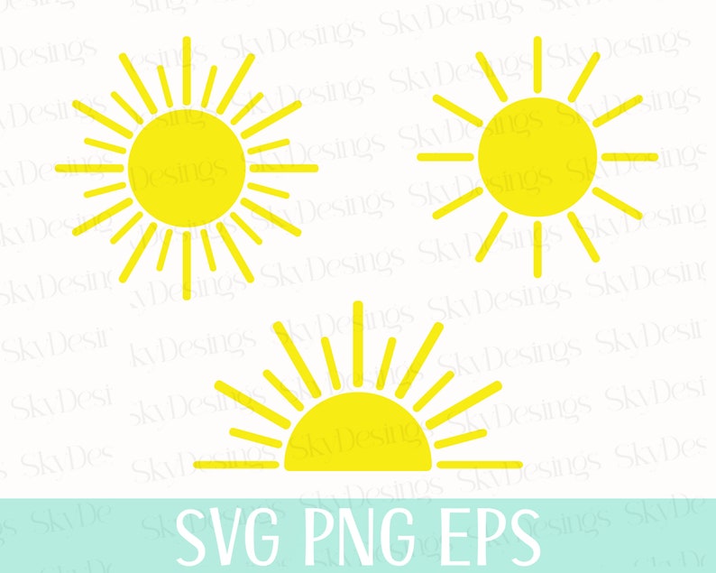 May include: Three yellow sun graphic designs. The first two are suns with rays. The third is a sun with rays and a half-circle shape at the bottom.