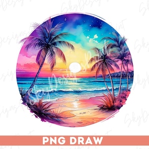 Tramonto sulla spiaggia PNG, Estate PNG, Design a sublimazione, Palme PNG, Tropicale, Acquerello, Vita da spiaggia PNG, Tramonto sull'oceano PNG, Design per t-shirt
