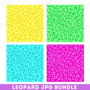 May include: A digital art bundle featuring four square backgrounds with leopard print patterns. The backgrounds are in yellow, green, turquoise, and pink. The text "LEOPARD JPG BUNDLE" is at the bottom in white letters on a purple background.