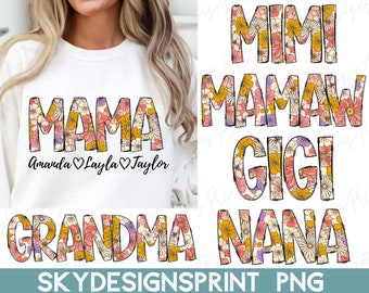Paquete floral de mamá abuela PNG, mamá personalizada PNG, mamá con nombres de niños, diseño de camiseta de mamá, flor de mamá, mamá personalizada PNG, Día de la Madre PNG