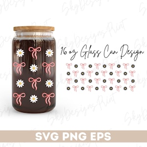 Schleife Daisy Libbey Glasdose SVG, Kokette Schleife Libbey Glasdose Wrap Art, 16 Unze Libbey Dose Wrap svg, Daisy Libbey Glass svg, Glasdose svg, PNG