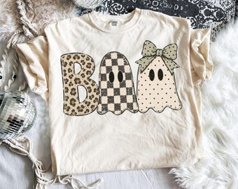 Boo Ghost PNG, Preppy Halloween Gost Design, Leopard, Checkered, Dots, Distressed Autumn Png, Trendy Fall Png, Halloween Shirt Png