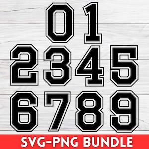 Sport, Jersey Numbers SVG PNG, Sport Numbers SVG, Zwart Vet met omtrek, Varsity Font Svg, Numbers Png Svg, Geen installeerbaar lettertypebestand