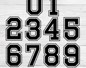 May include: A set of ten black and white numbers in a varsity style font. The numbers are outlined in white and filled in black. The numbers are arranged in two rows of five. The numbers are 0 through 9.  SVG-PNG Bundle.