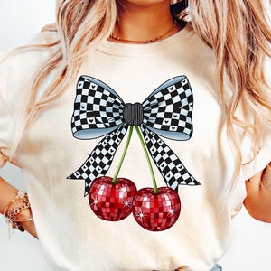 Coquette Cherry PNG: Preppy Checkered Bow, Summer Sublimation (Digital Download)