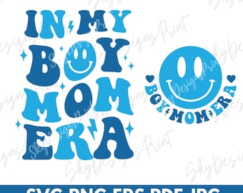 May include: Blue and light blue graphic design with the text "In My Boy Mom Era" and a smiley face. The design is perfect for a t-shirt, tote bag, or other craft project.