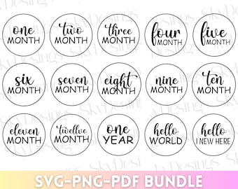 May include: A set of 12 black and white printable circles with text that says "one month", "two month", "three month", "four month", "five month", "six month", "seven month", "eight month", "nine month", "ten month", "eleven month", "twelve month", "one year", "hello world", and "hello I new here".