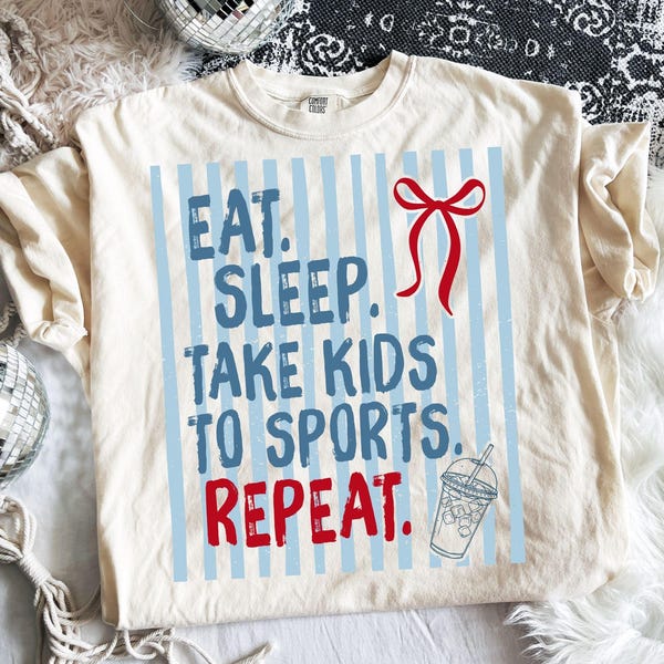 Eat Sleep Take Kids To Sports Repeat SVG, Coquette Game Day PNG, Striped Sports Mom Shirt Design (Digital Download)