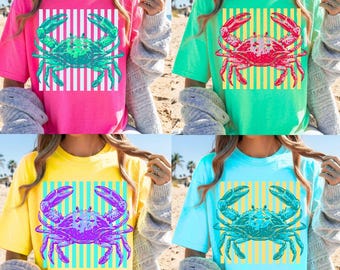 Crab PNG Bundle, Preppy Striped Crab Png, Trending Stripes Png, Beach Vacation Graphic, Coastal Crab Shirt Design, Girly Summer Png