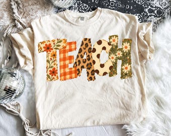 Teach Fall PNG, Teacher Autumn Cut File, Fall Teacher Shirt Png, Floral Polka Dots Gingham Autumn School Design, Sublimation Png