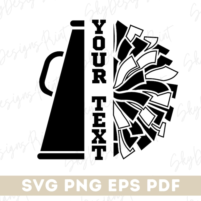Pu&ograve; includere: Design di cheerleader in bianco e nero con megafono e pompon. Il testo "YOUR TEXT" &egrave; allineato verticalmente. Adatto per formati SVG, PNG, EPS e PDF.