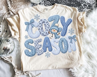 Faux Yarn Cozy Season Winter PNG, Preppy Winter Sublimation Design, Chunky Knit Cute Snowman Png, Crochet Coquette Bow Png, Winter Season