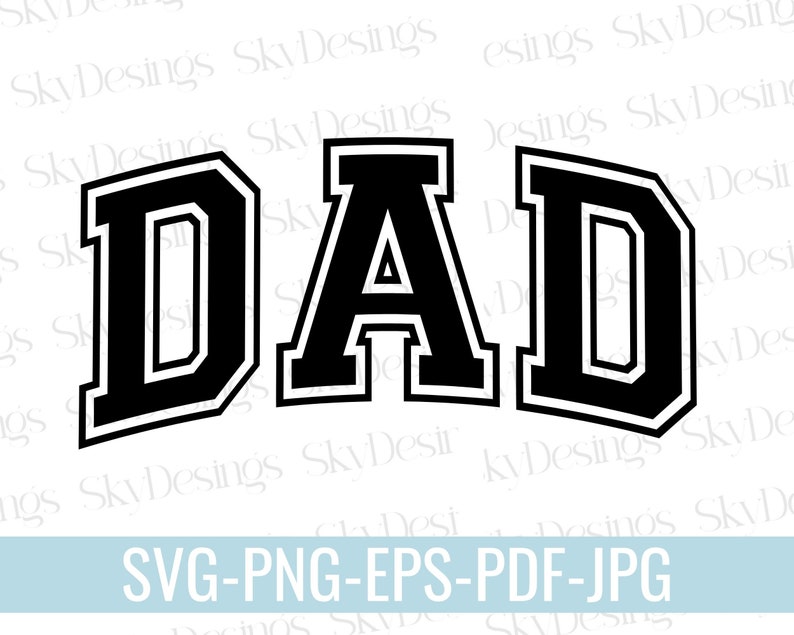Op de afbeelding: Zwart-wit grafisch ontwerp van het woord "DAD" in een vet, bloklettertype. De letters hebben een witte omtrek en staan tegen een witte achtergrond.