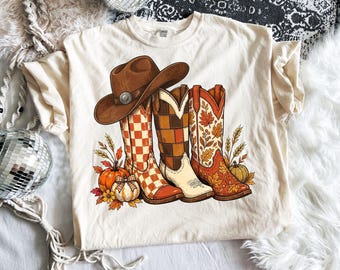 Cowboy Boots Checkered Fall Png, Brushstroke Fall Pumpkin Png, Cowgirl Fall Boots Design, Western Cowgirl Autumn Shirt, Western Sublimation