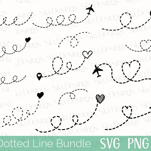 Dotted Line SVG PNG, Airplane Path Svg, Dashed Line Svg, Plane Route Svg, Airplane Heart Svg, Travel Dotted Lines Svg, Long Distance, Cricut