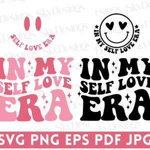 May include: Pink and black graphic design with the text "In My Self Love Era" in a retro font. The pink version has a sparkly design and the black version has a more solid design.