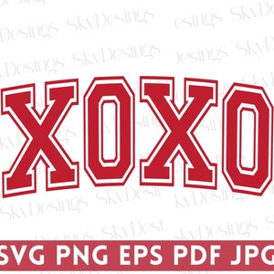 May include: Red and white graphic design featuring the letters "XOXO" in a collegiate font. Below the letters, the image includes the file formats: SVG, PNG, EPS, PDF, and JPG.