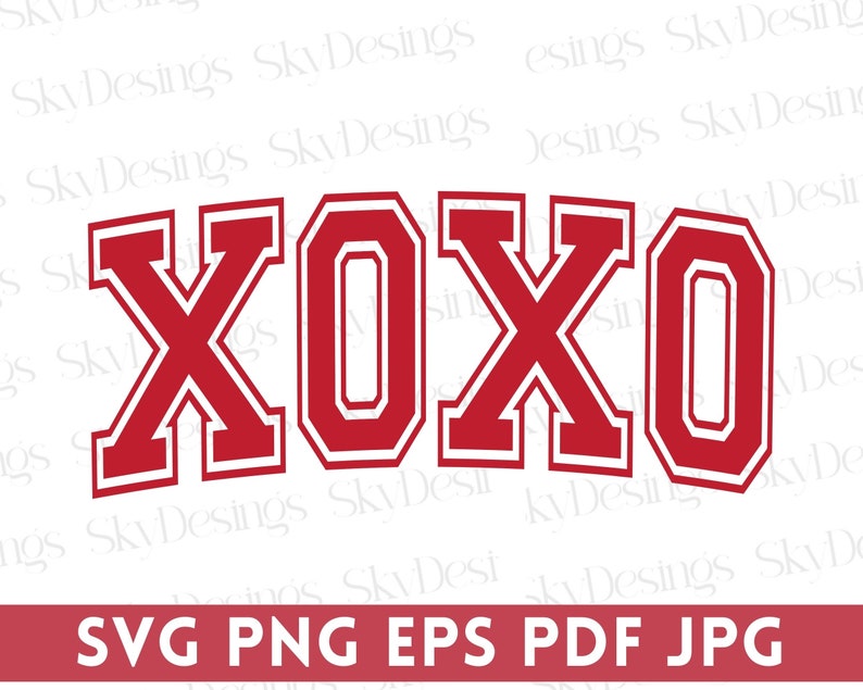 May include: Red and white graphic design featuring the letters "XOXO" in a collegiate font. Below the letters, the image includes the file formats: SVG, PNG, EPS, PDF, and JPG.