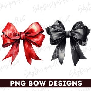 May include: Two watercolor-style bows. One is a vibrant red, the other is black. The bows have flowing ribbons and are set against a white background. Text at the bottom reads "PNG BOW DESIGNS".