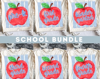 Preppy Back to School Teacher Apple PNG Bundle, Blue Gingham Stripes Png, First Day of School Png, Pre-k, Kinder 1st, 2nd, 3rd, 4th Grade