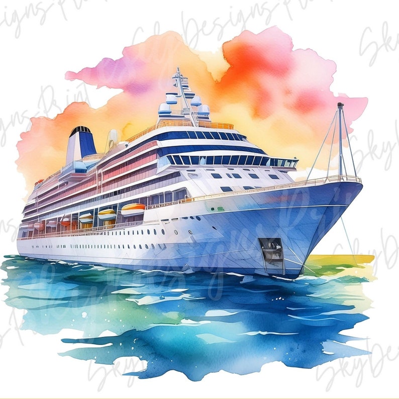 May include: A watercolor painting of a large white cruise ship sailing on a blue ocean with a pink and orange sunset in the background.