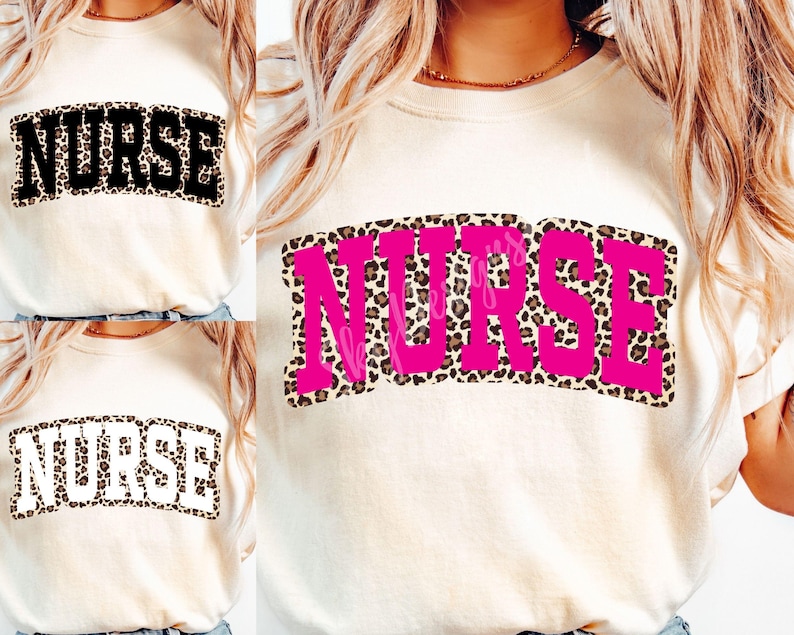 May include: A white t-shirt with the word "NURSE" printed in a pink and leopard print design.