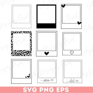Puede incluir: Nueve plantillas de marcos de fotos en blanco y negro con corazones. Los marcos están en un patrón de cuadrícula. Los marcos son para fotos, imágenes o imágenes. Los marcos son para uso personal o comercial.