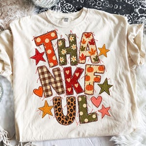 Thankful PNG, Embroidered Patchwork Thanksgiving Design, Preppy Fall Sublimation, Fall Thanksgiving Shirt Digital Download