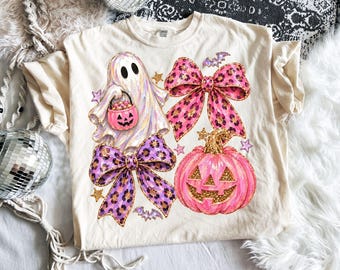 Spooky Ghost Bow PNG, Preppy Halloween Graphic, Pink Girly Shirt Design (Digital Download)