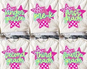 Preppy Back To School Stars PNG Bundle, Teacher Png, Leopard, Dots, Checkered Sublimation, Pre-K To Fourth Grade Design, First Day Of School