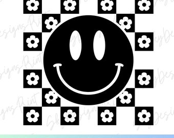 Cara sonriente a cuadros SVG PNG, Flor Sonrisa Svg, Margarita a cuadros Svg, Camisa de cara feliz Svg, Flor maravillosa Svg, Margarita Svg, Cara feliz Svg