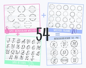 Split Monogram Alphabet SVG, Floral Wreath SVG Bundle (Digital Download)